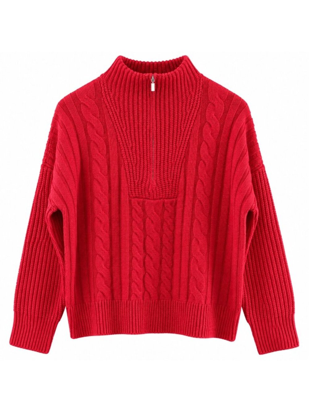 Calligraphie Red Cable Knit Mock Neck Sweater XL Polyester Blend